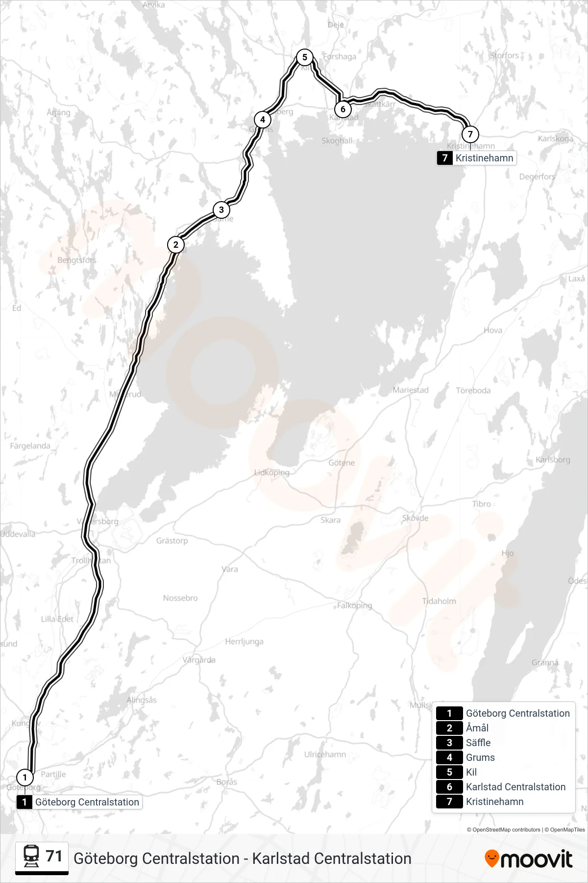 Rutt och hållplatser på karta för linje 71 tåg, (Kristinehamn Station)