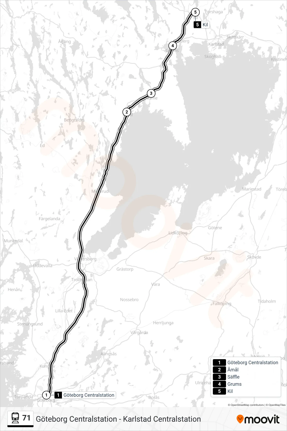 Rutt och hållplatser på karta för linje 71 tåg, (Kil Station)