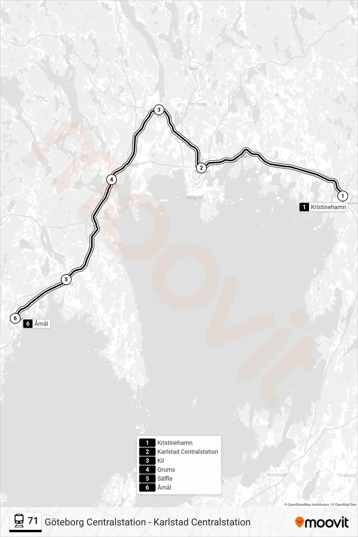 Rutt och hållplatser på karta för linje 71 tåg, (Åmål Station)