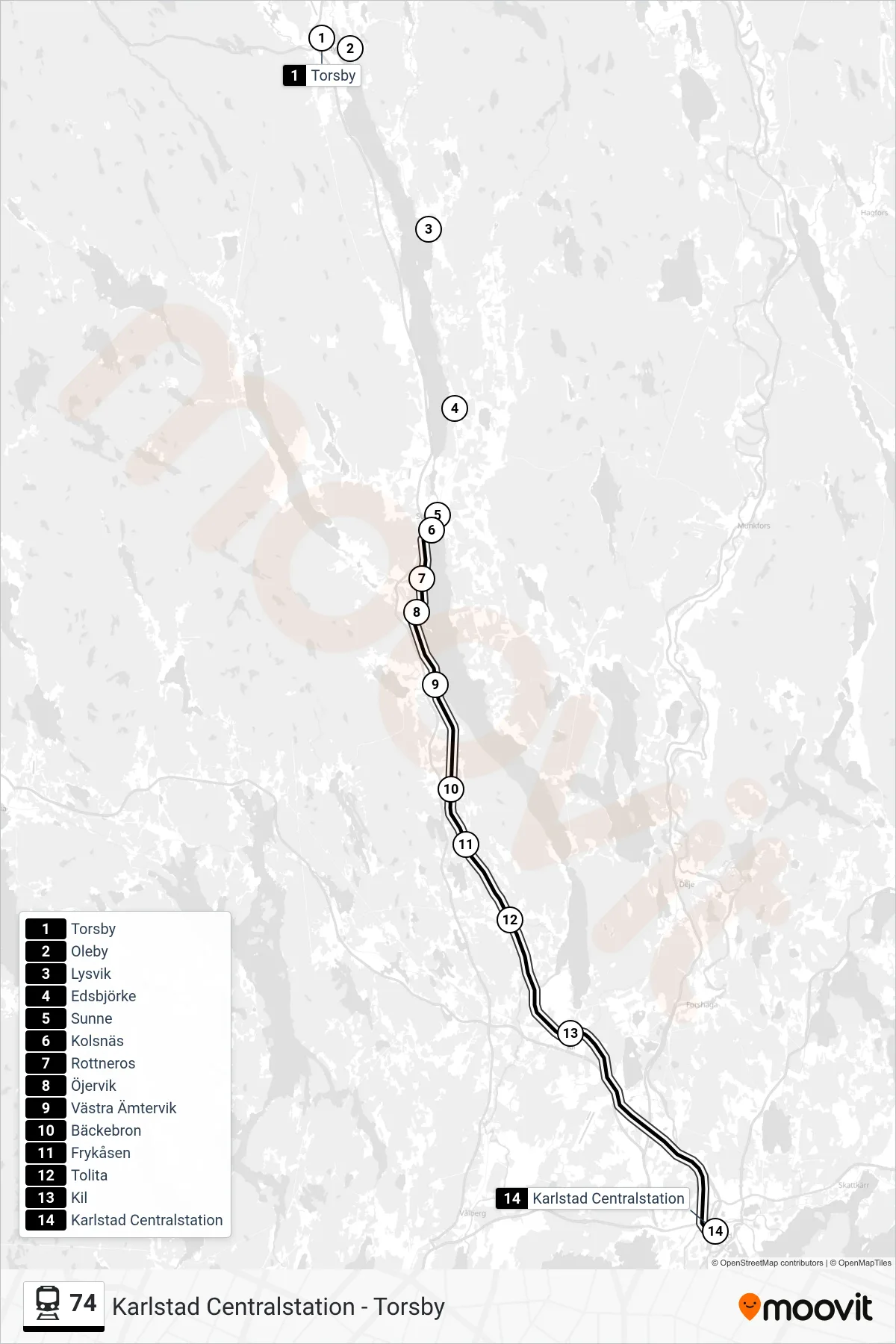 Rutt och hållplatser på karta för linje 74 tåg, (Karlstad Centralstation)