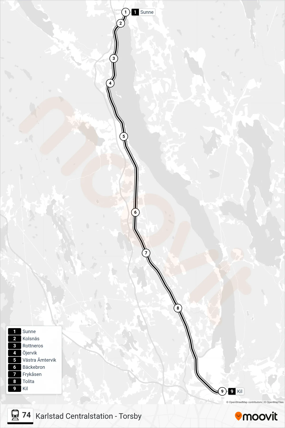 Rutt och hållplatser på karta för linje 74  järnväg, (Kil Station)