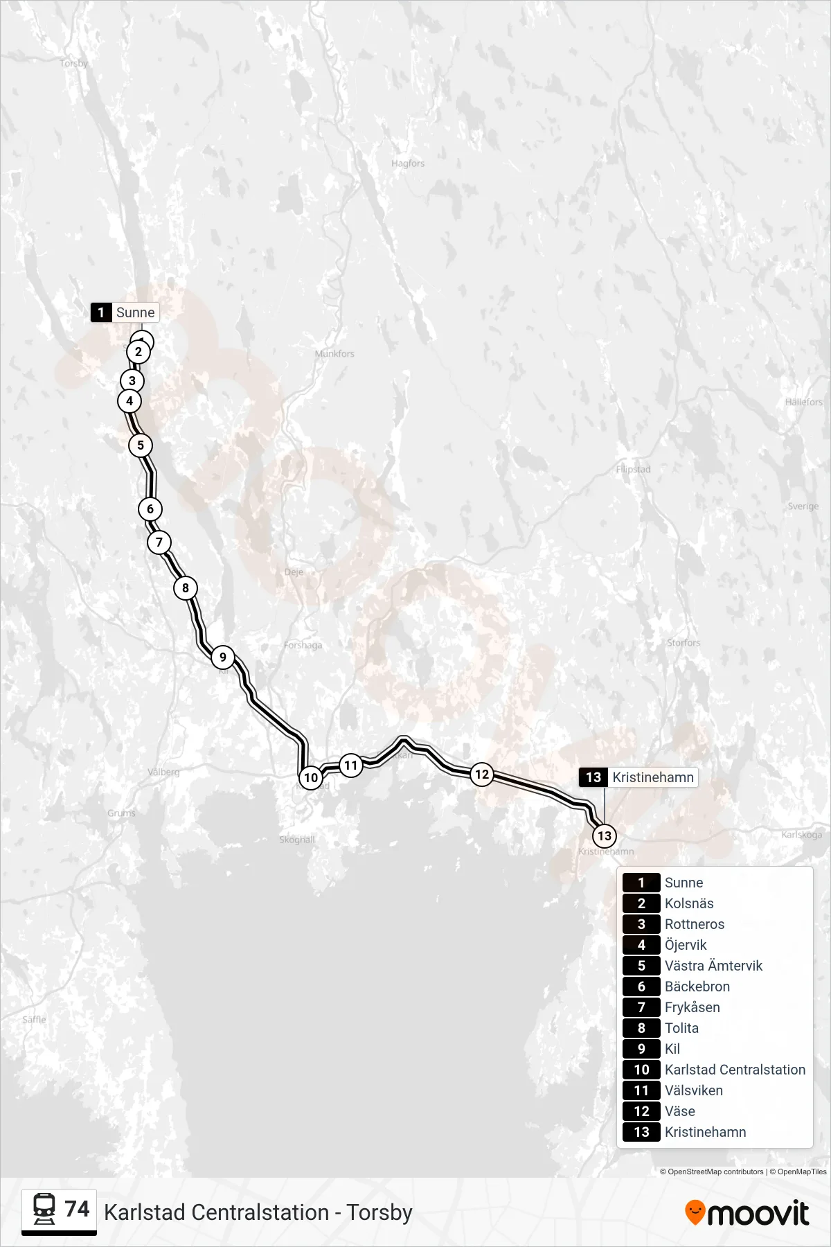 Rutt och hållplatser på karta för linje 74 tåg, (Kristinehamn Station)