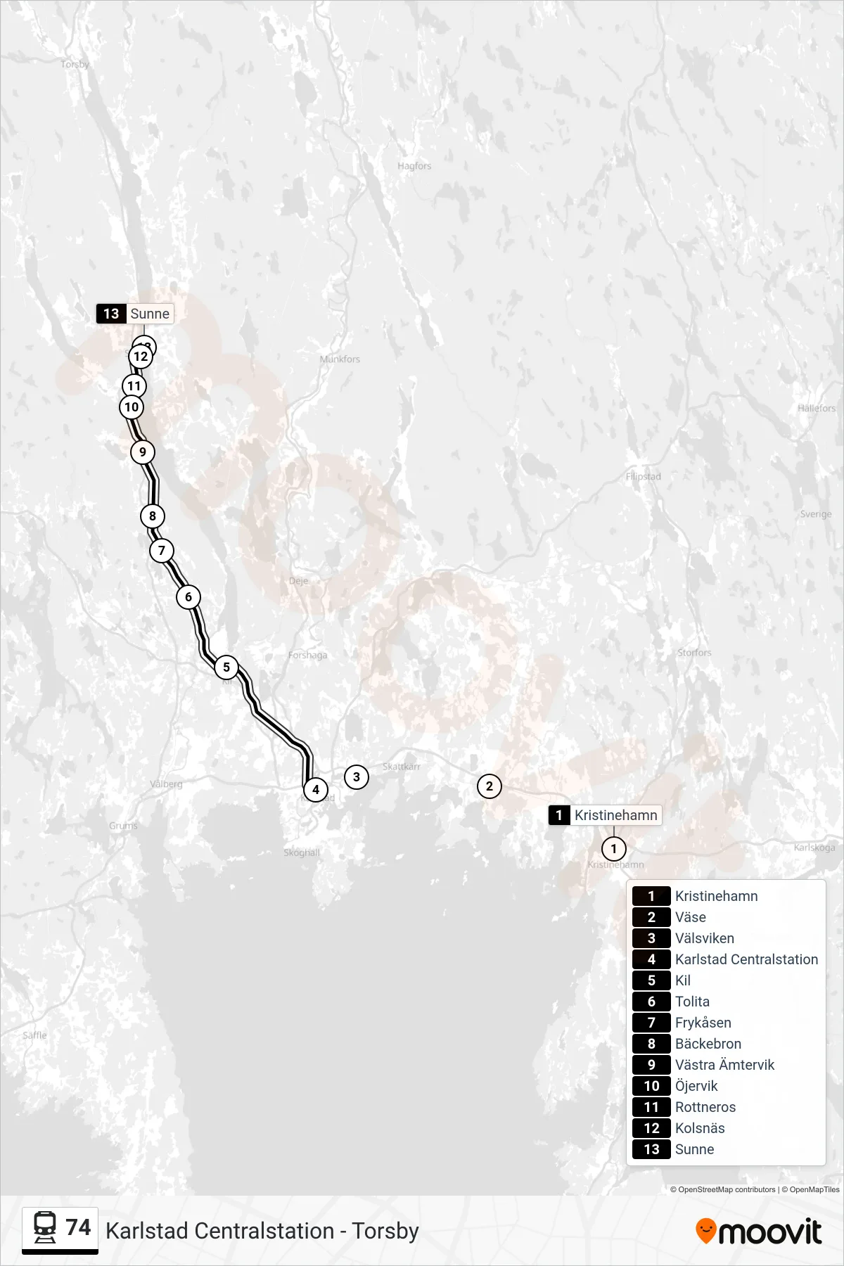 Rutt och hållplatser på karta för linje 74  tåg, (Sunne Station)