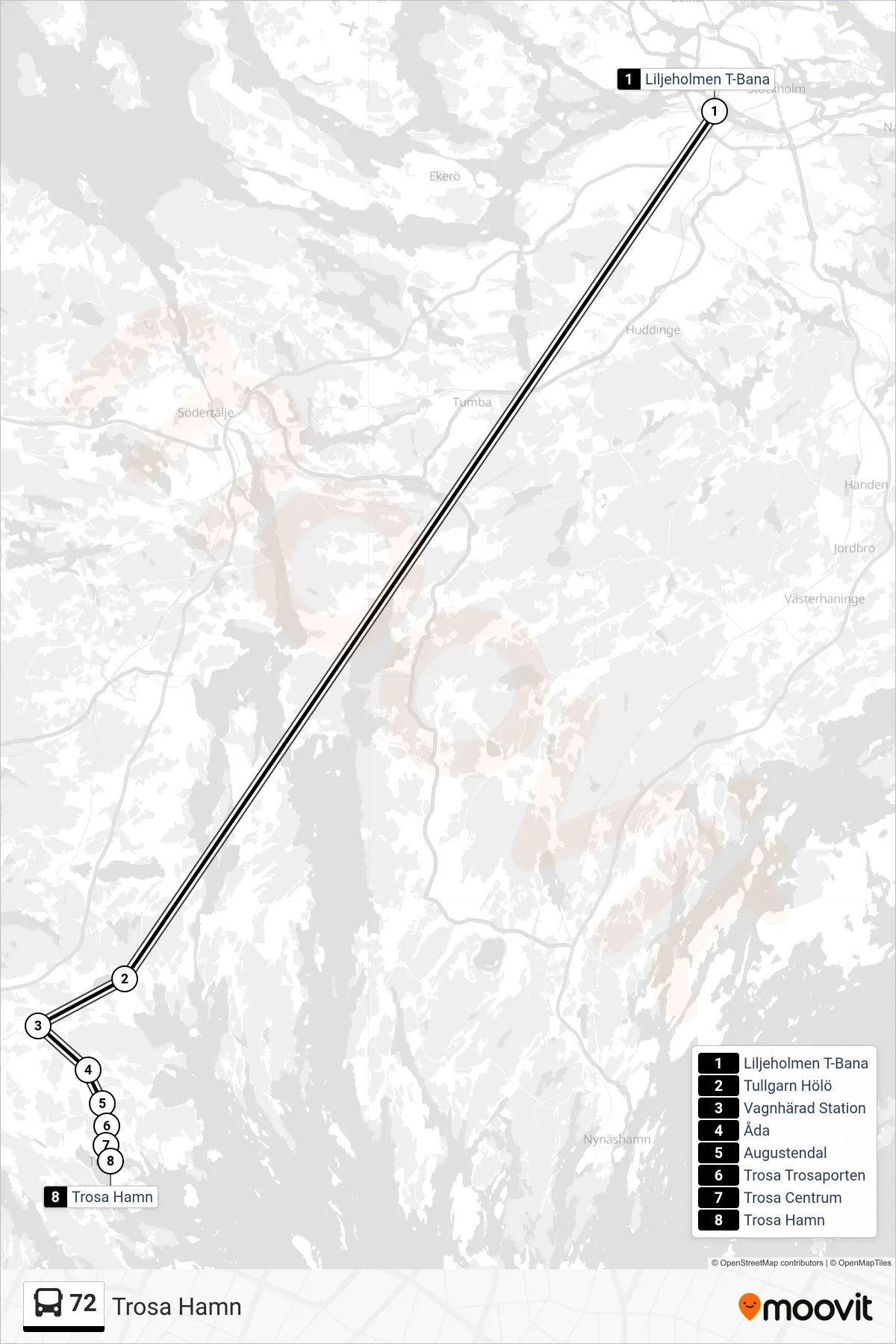 Rutt och hållplatser på karta för linje 72  spårvagn, (Trosa Hamn)