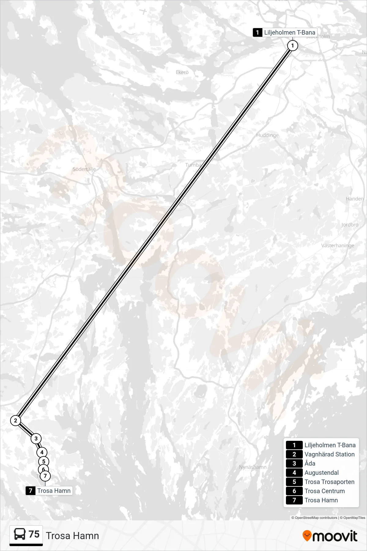 Rutt och hållplatser på karta för linje 75 spårvagn, (Trosa Hamn)
