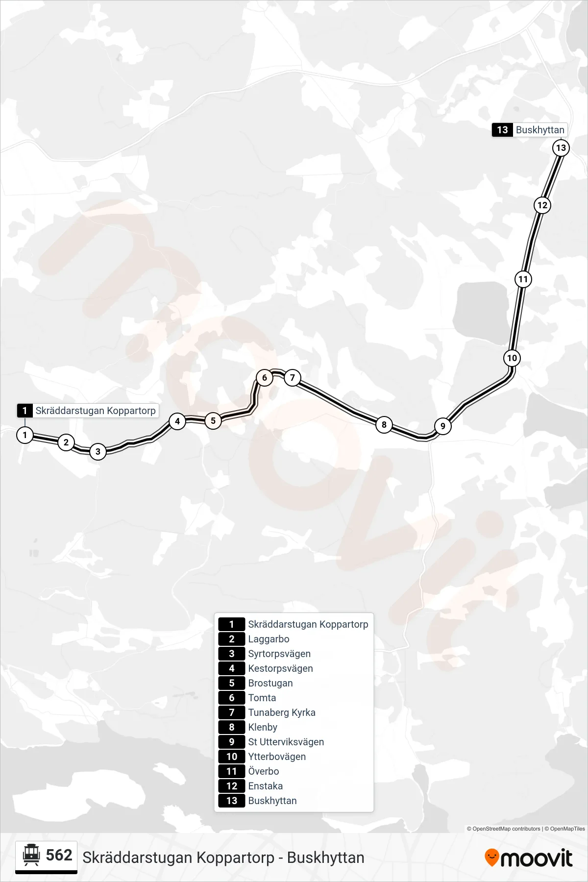 Rutt och hållplatser på karta för linje 562 spårvagn, (Buskhyttan)