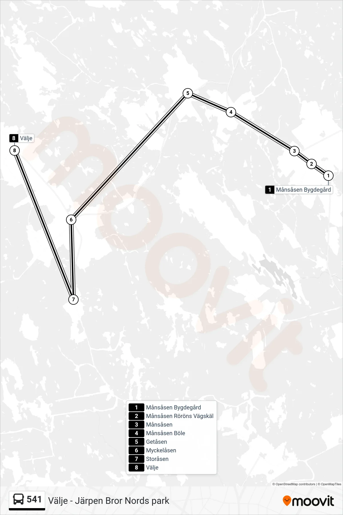 Rutt och hållplatser på karta för linje 541 spårvagn, (Välje)