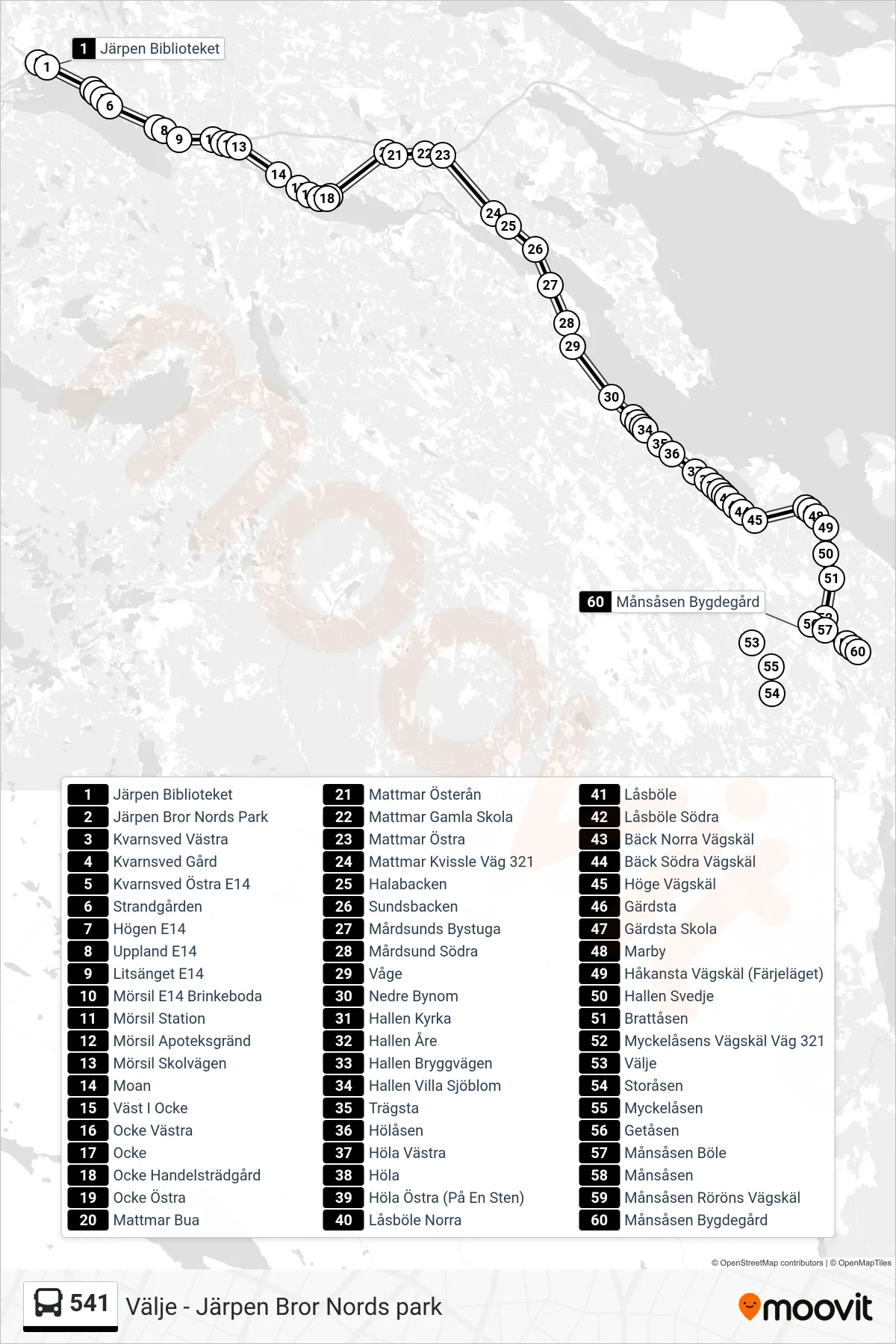 Rutt och hållplatser på karta för linje 541 spårvagn, (Månsåsen Bygdegård)