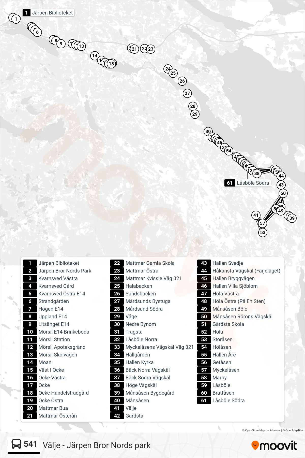 Rutt och hållplatser på karta för linje 541  spårvagn, (Hallgården)
