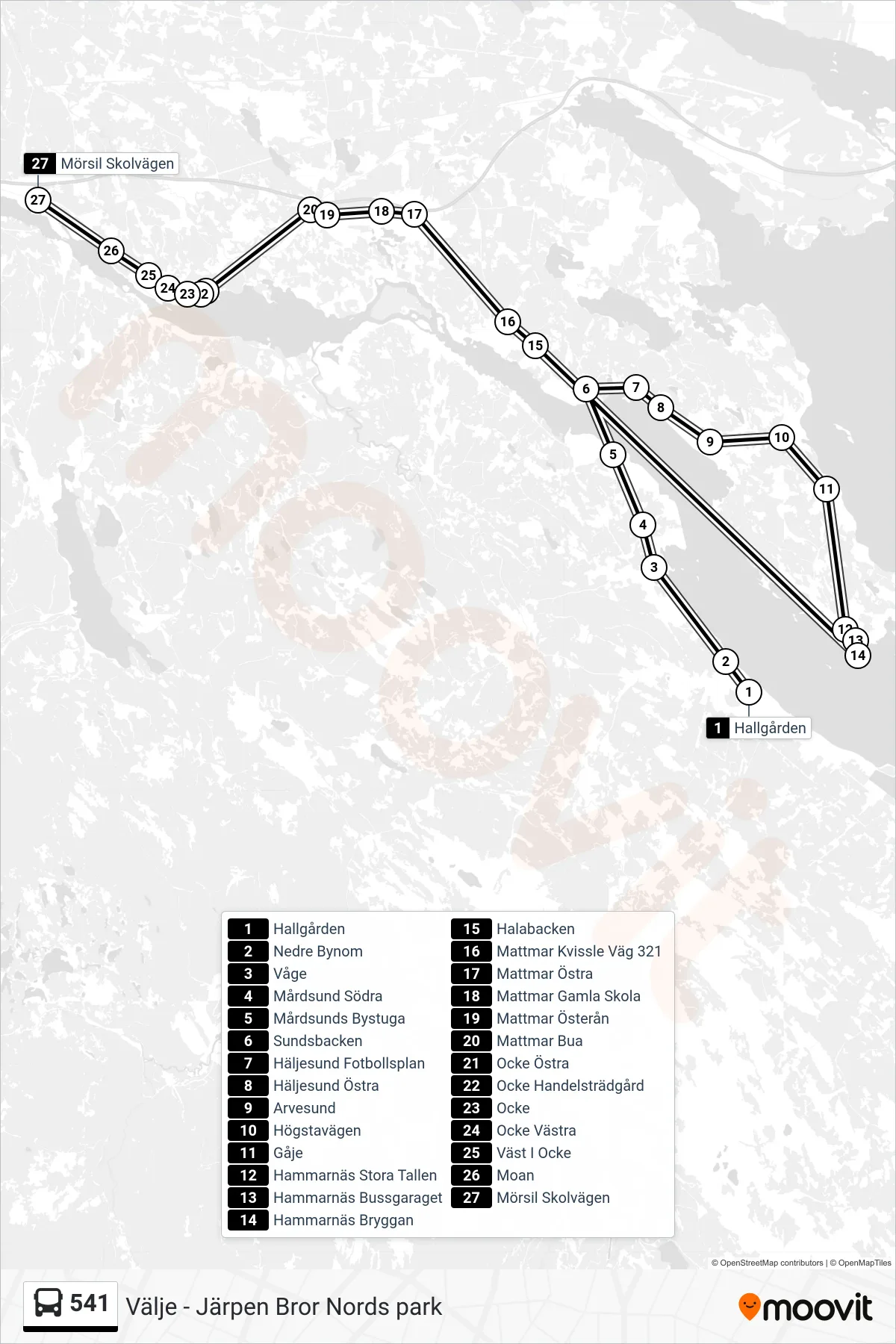 Rutt och hållplatser på karta för linje 541  spårvagn, (Mörsil Skolvägen)