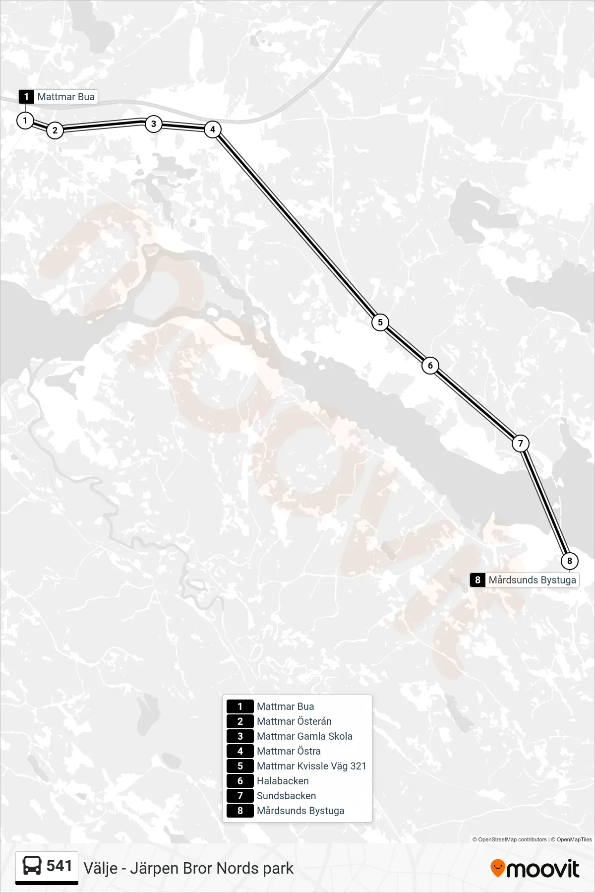 Rutt och hållplatser på karta för linje 541 spårvagn, (Mårdsunds Bystuga)