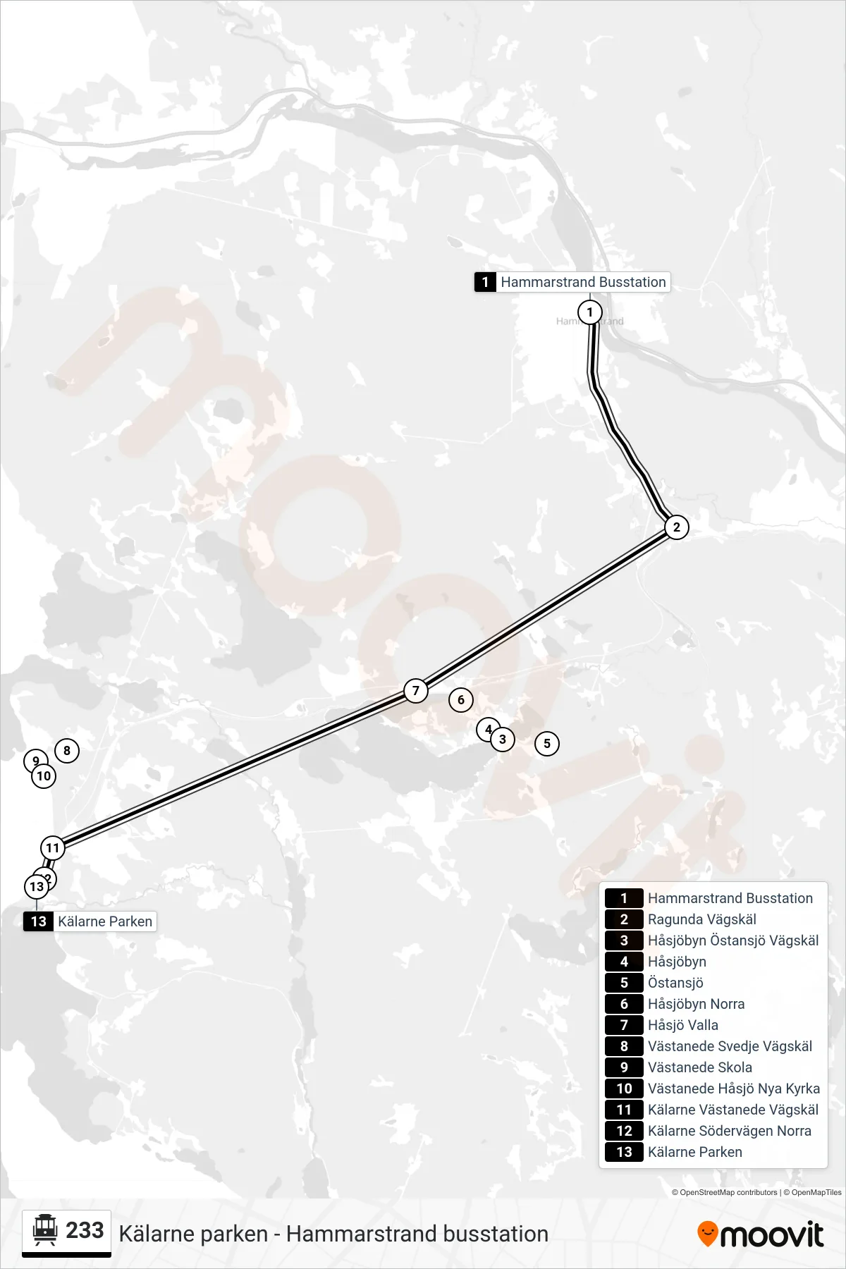 Rutt och hållplatser på karta för linje 233 spårvagn, (Kälarne Parken)