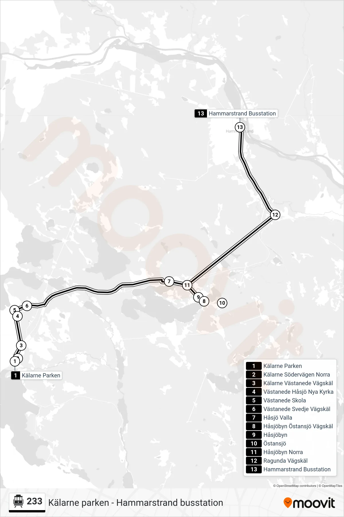 Rutt och hållplatser på karta för linje 233  spårvagn, (Hammarstrand Busstation)