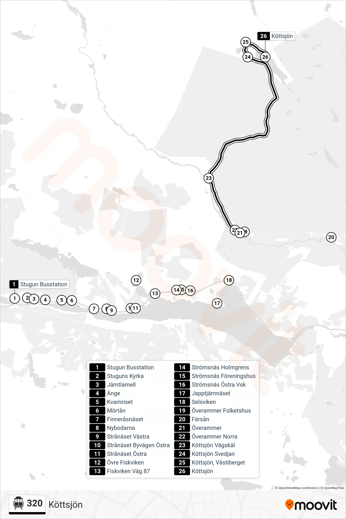 Rutt och hållplatser på karta för linje 320 spårvagn, (Köttsjön)