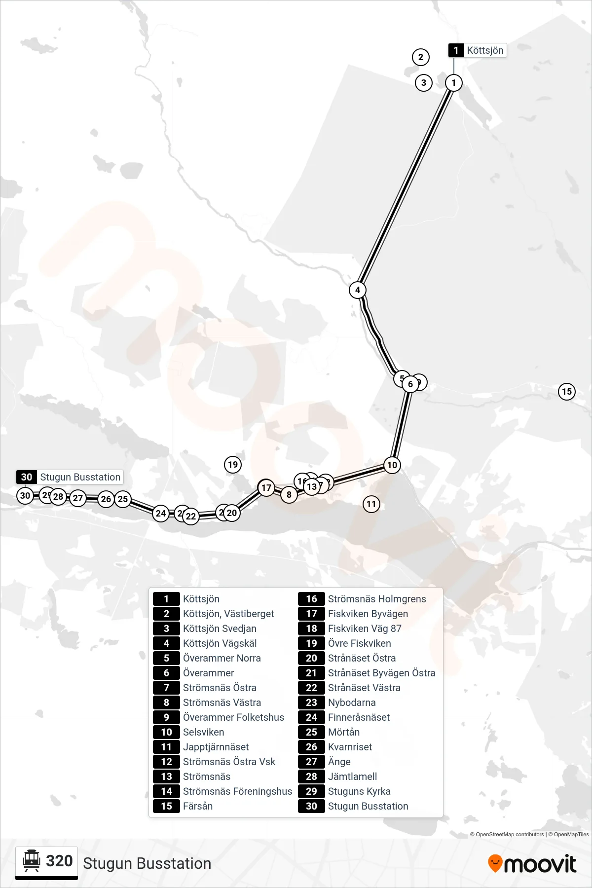 Rutt och hållplatser på karta för linje 320 spårvagn, (Stugun Busstation)