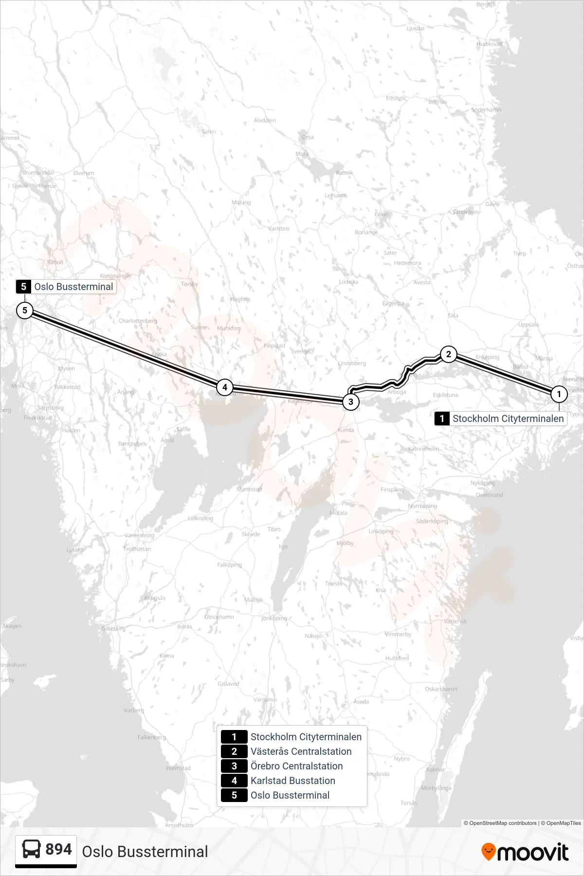 Rutt och hållplatser på karta för linje 894 spårvagn, (Oslo Bussterminal)