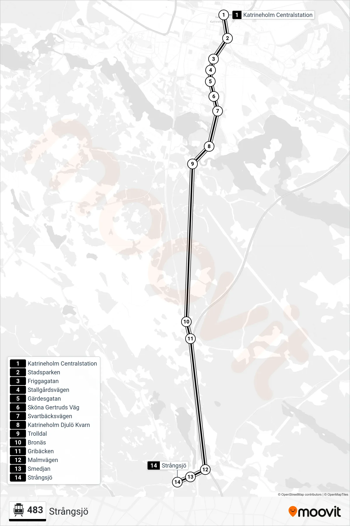 Rutt och hållplatser på karta för linje 483 spårvagn, (Strångsjö)