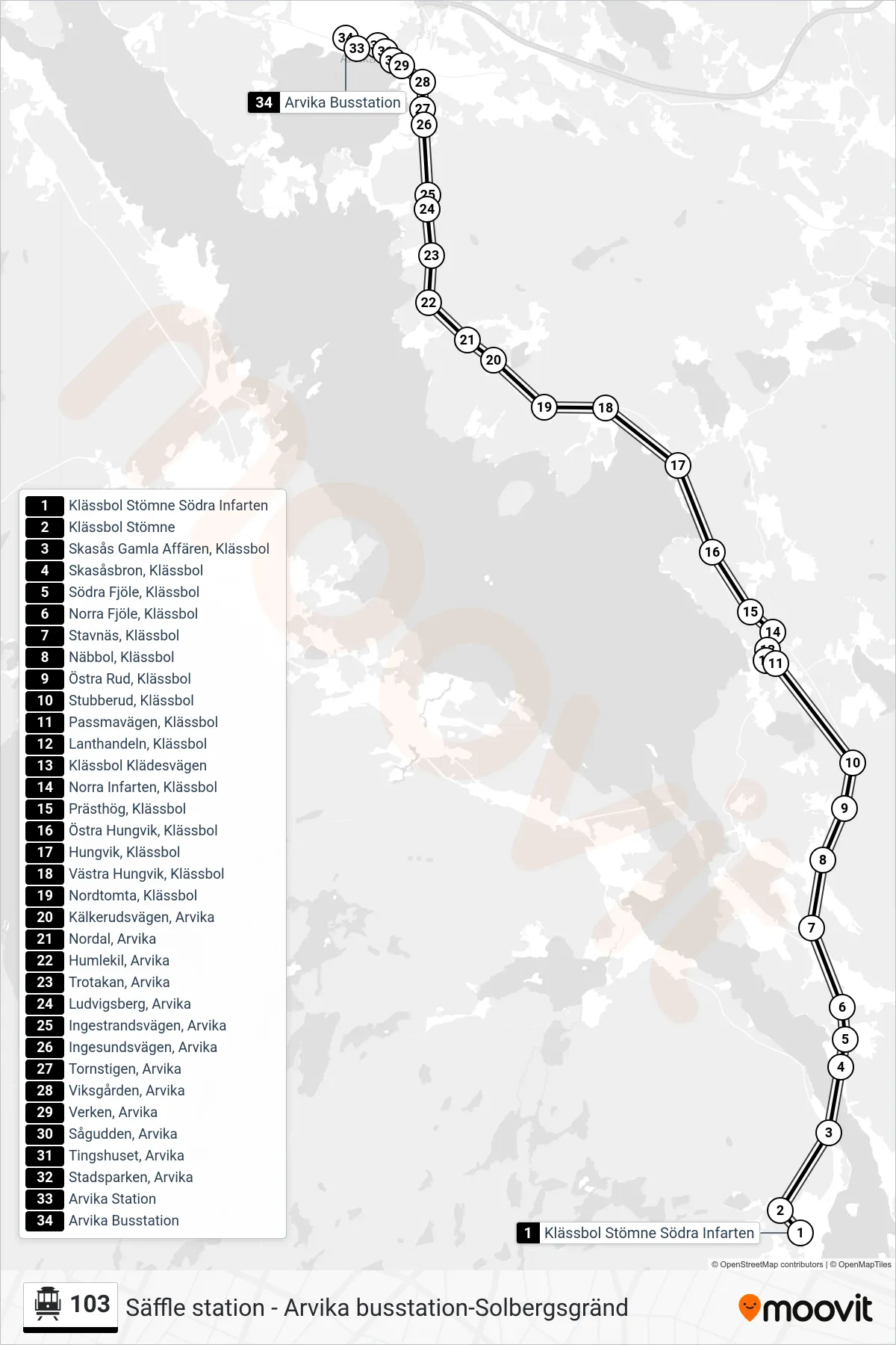 Rutt och hållplatser på karta för linje 103  spårvagn, (Arvika Busstation)