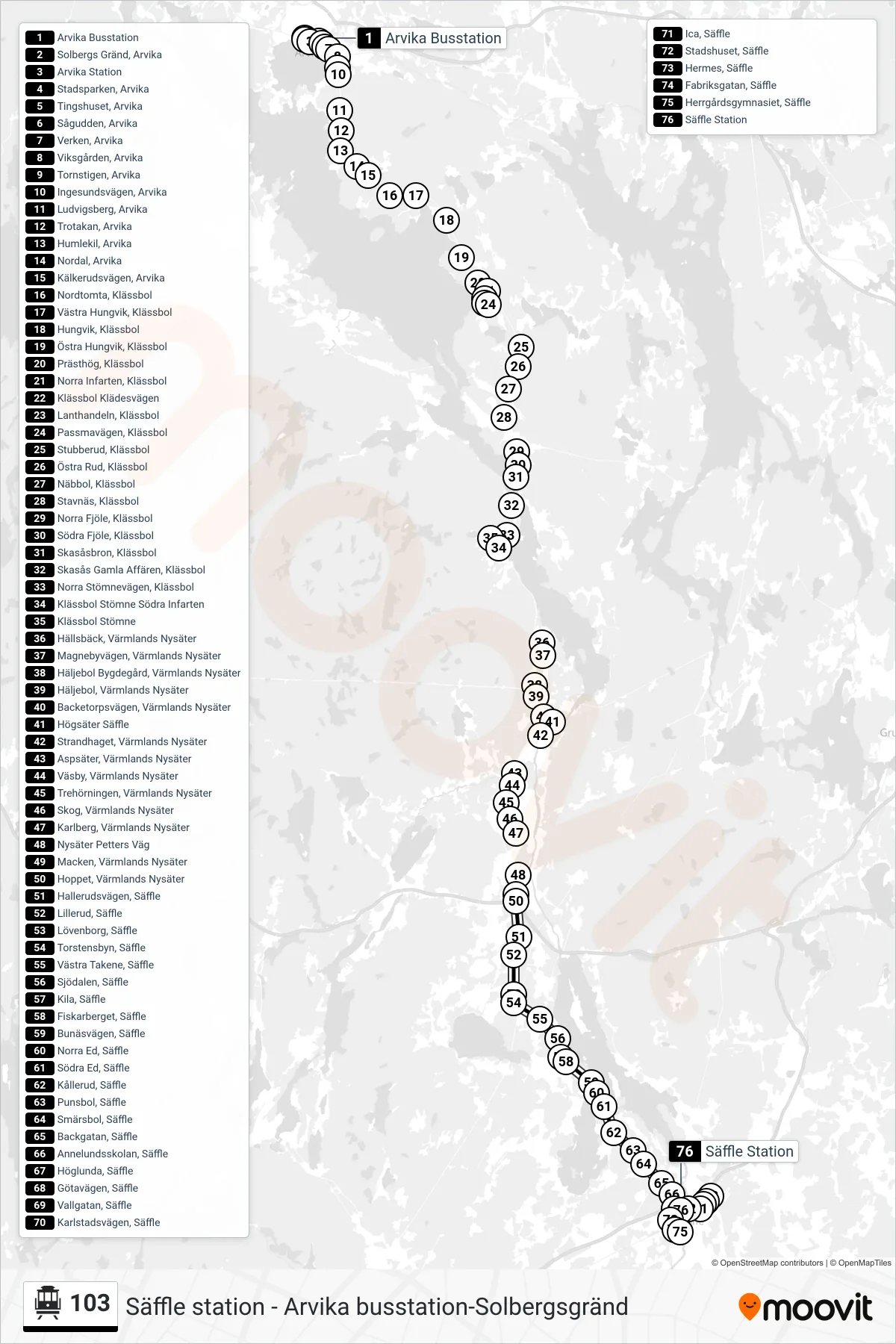 Rutt och hållplatser på karta för linje 103  spårvagn, (Säffle Station)