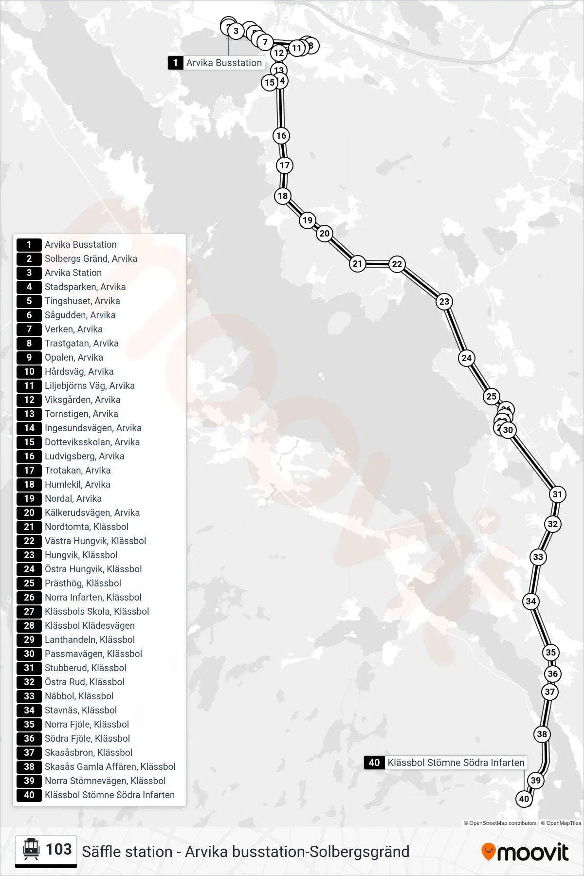 Rutt och hållplatser på karta för linje 103 spårvagn, (Klässbol Stömne Södra Infarten)