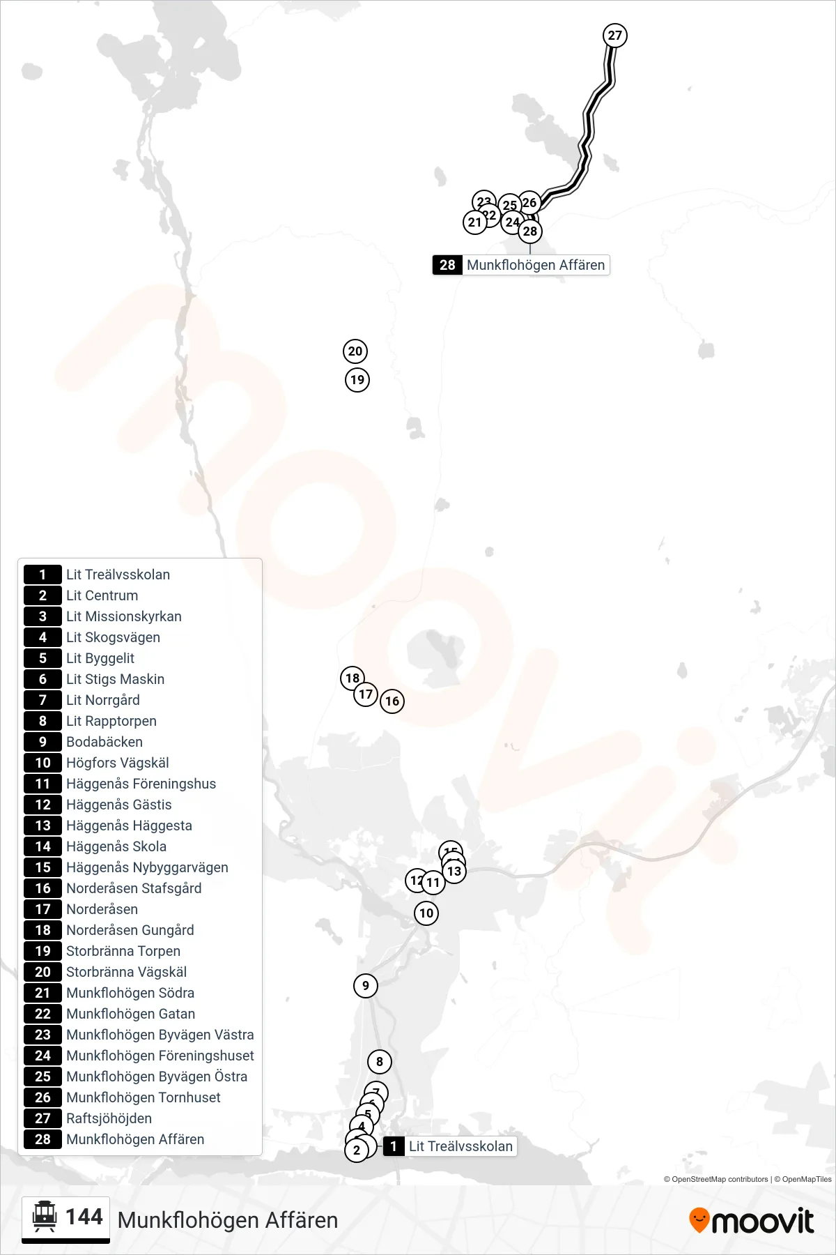 Rutt och hållplatser på karta för linje 144 spårvagn, (Munkflohögen Affären)