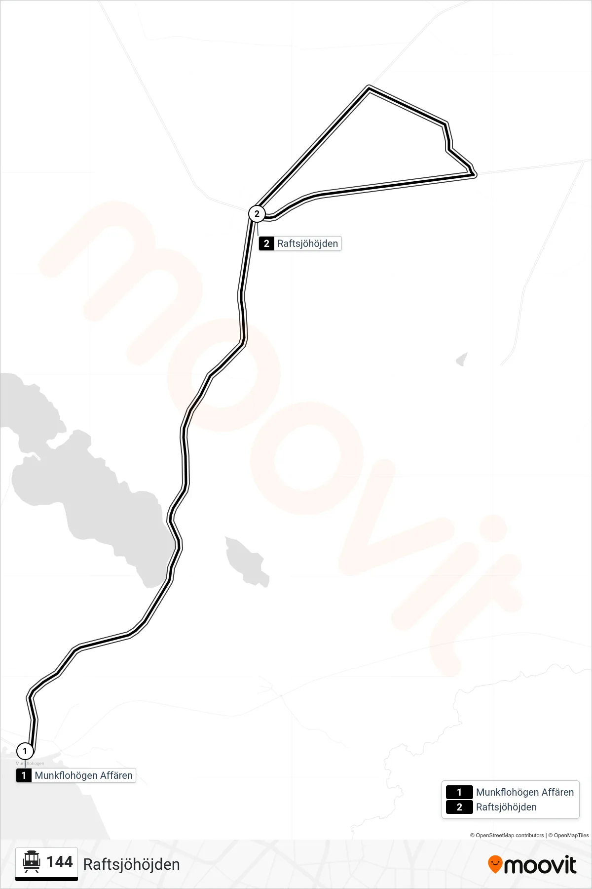 Rutt och hållplatser på karta för linje 144 spårvagn, (Raftsjöhöjden)