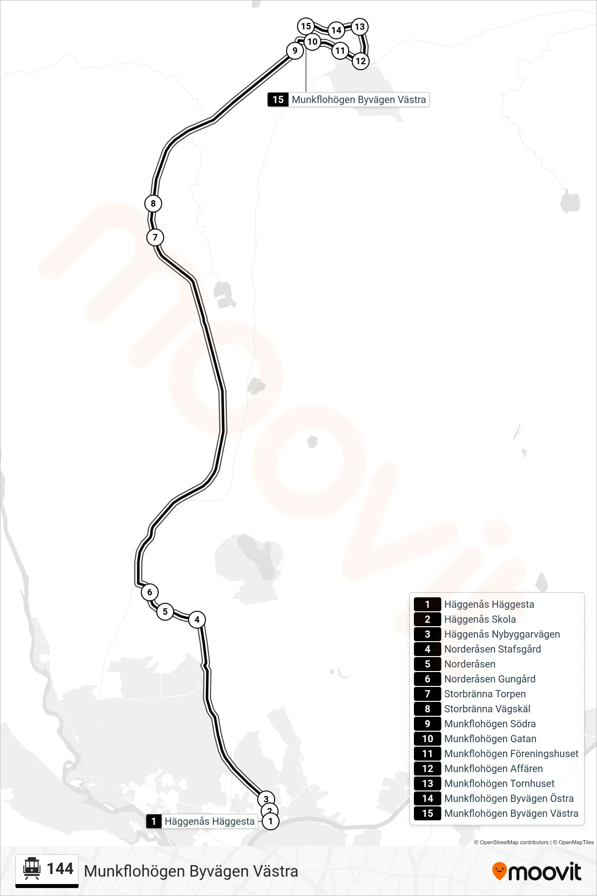 Rutt och hållplatser på karta för linje 144 spårvagn, (Munkflohögen Byvägen Västra)