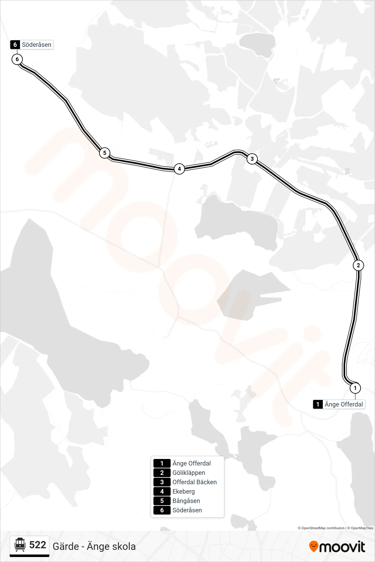Rutt och hållplatser på karta för linje 522 spårvagn, (Söderåsen)