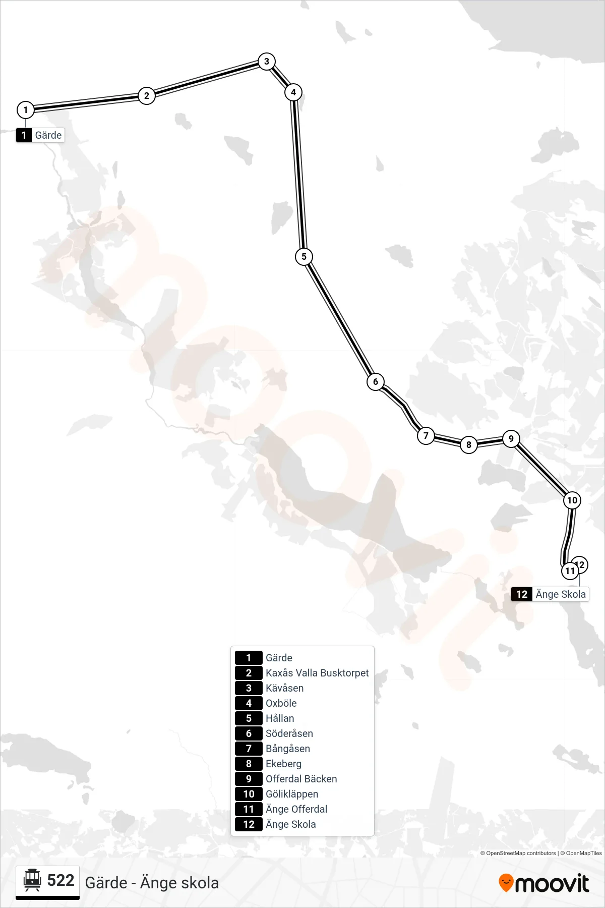 Rutt och hållplatser på karta för linje 522 spårvagn, (Änge Skola)