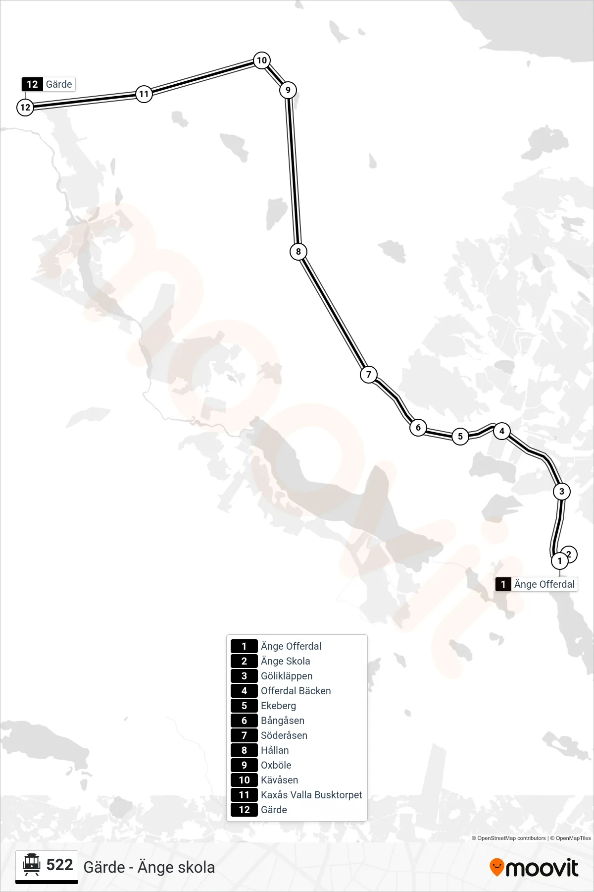 Rutt och hållplatser på karta för linje 522 spårvagn, (Gärde)