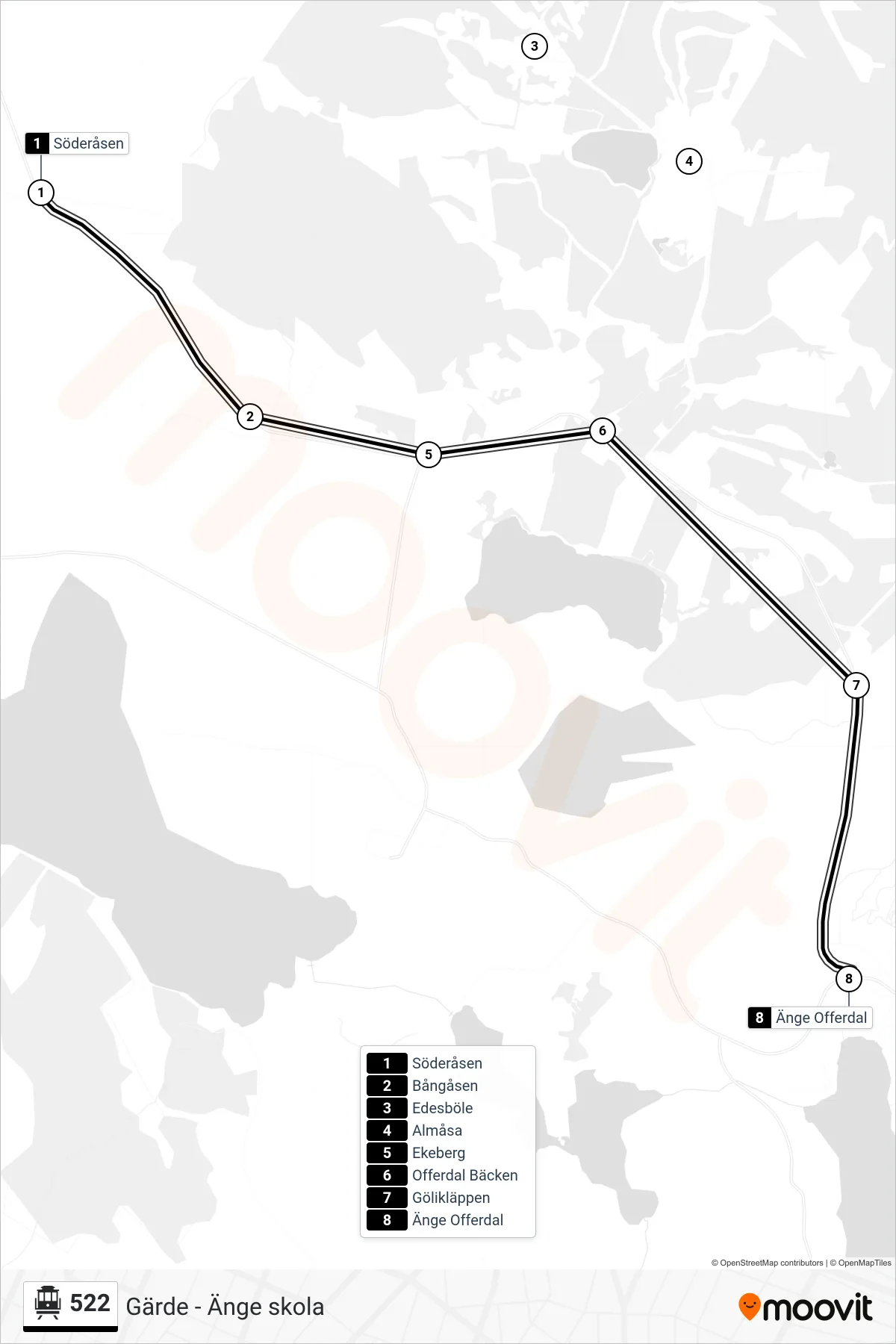 Rutt och hållplatser på karta för linje 522  spårvagn, (Änge Offerdal)
