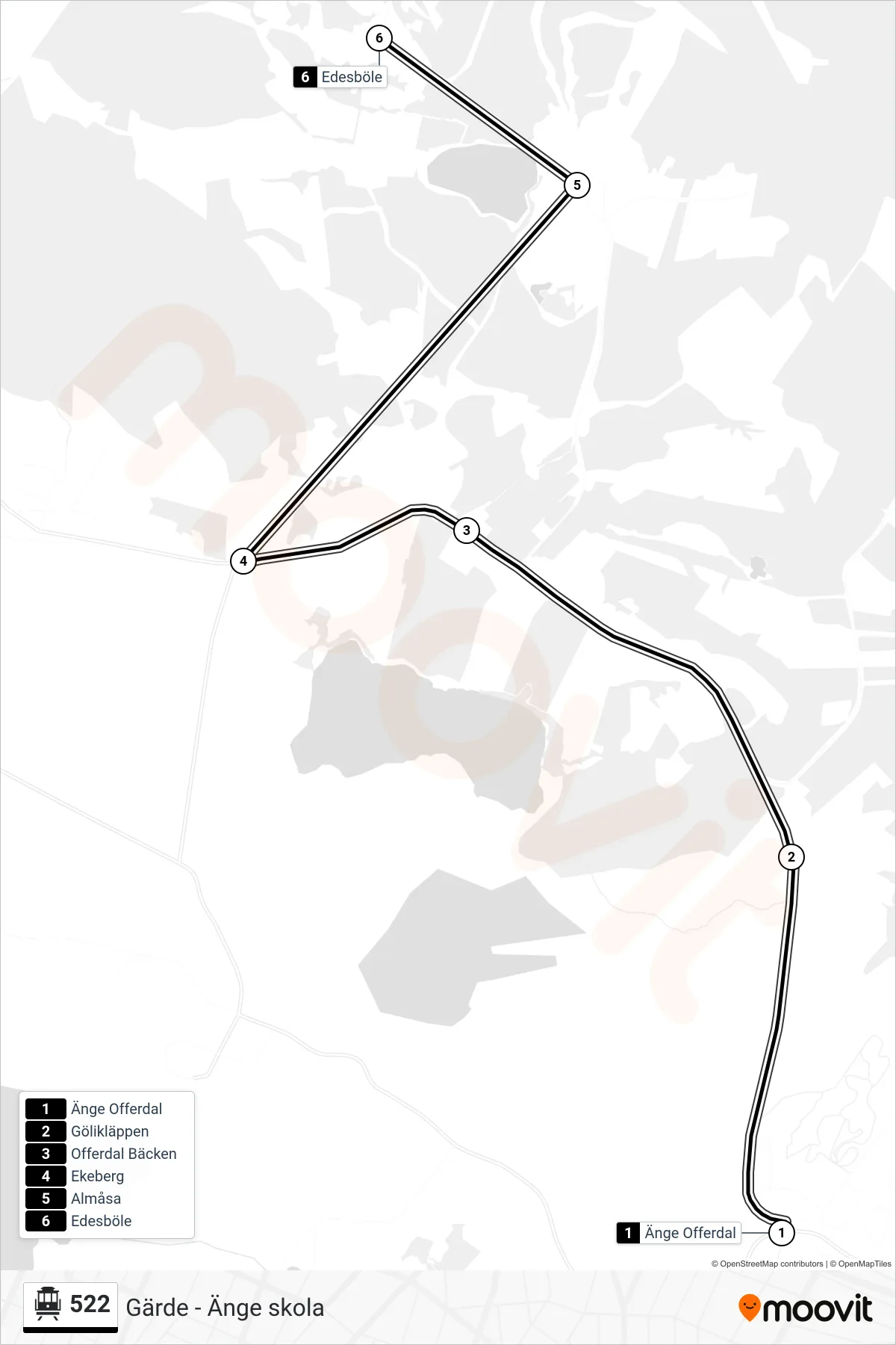 Rutt och hållplatser på karta för linje 522 spårvagn, (Edesböle)