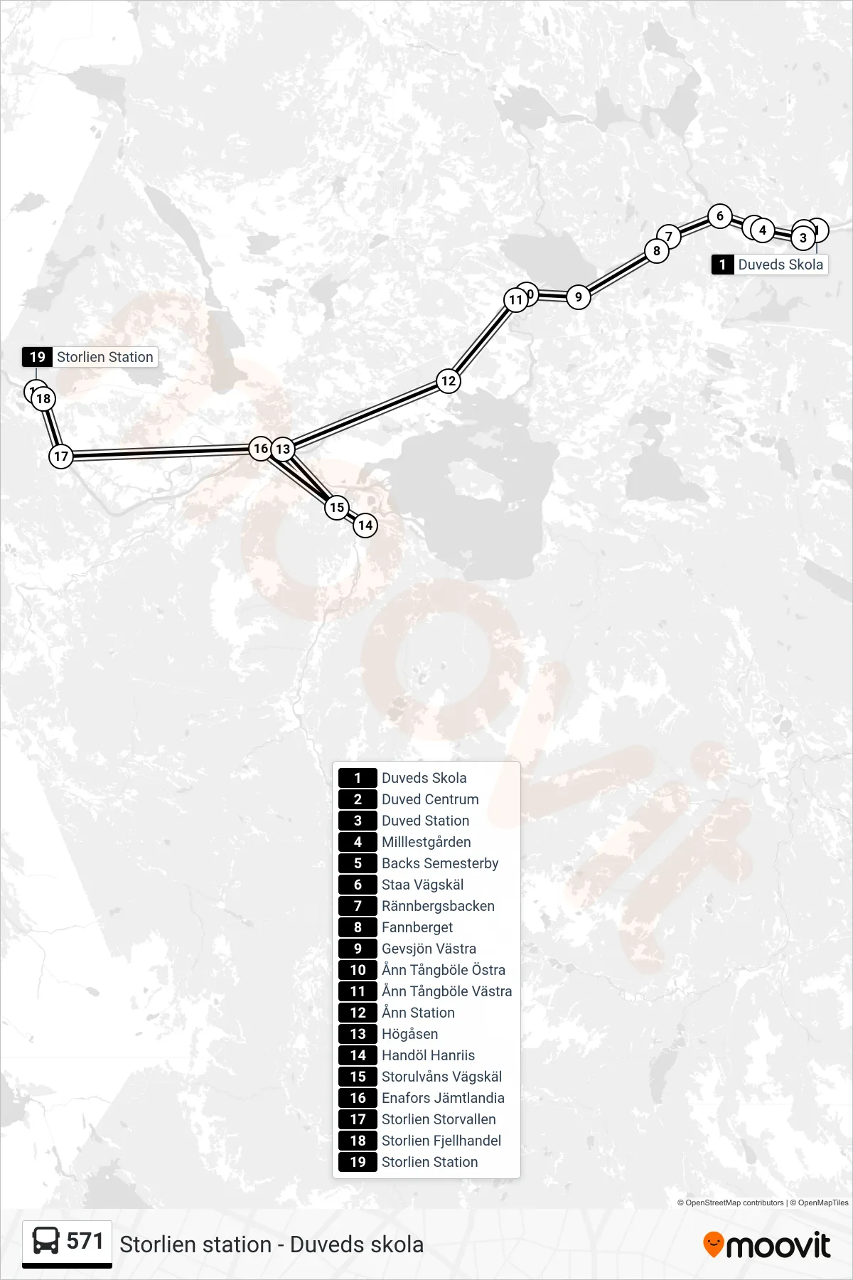 Rutt och hållplatser på karta för linje 571  spårvagn, (Storlien Station)