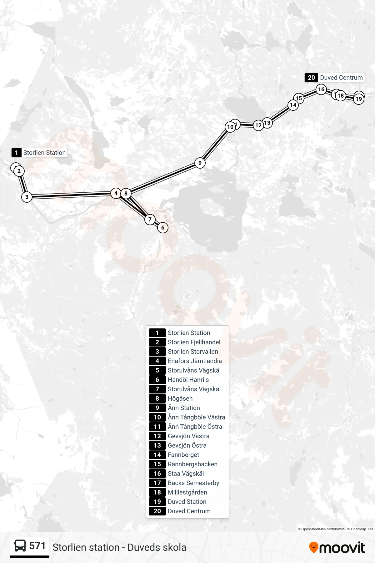 Rutt och hållplatser på karta för linje 571 spårvagn, (Duved Centrum)