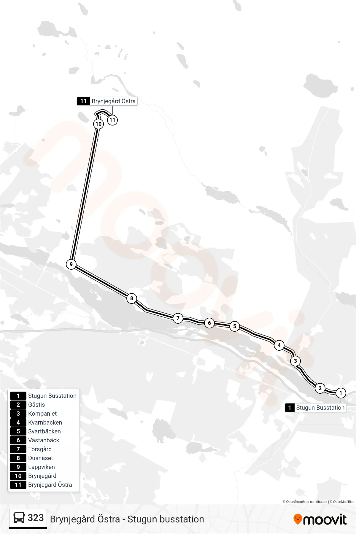 Rutt och hållplatser på karta för linje 323  spårvagn, (Brynjegård Östra)