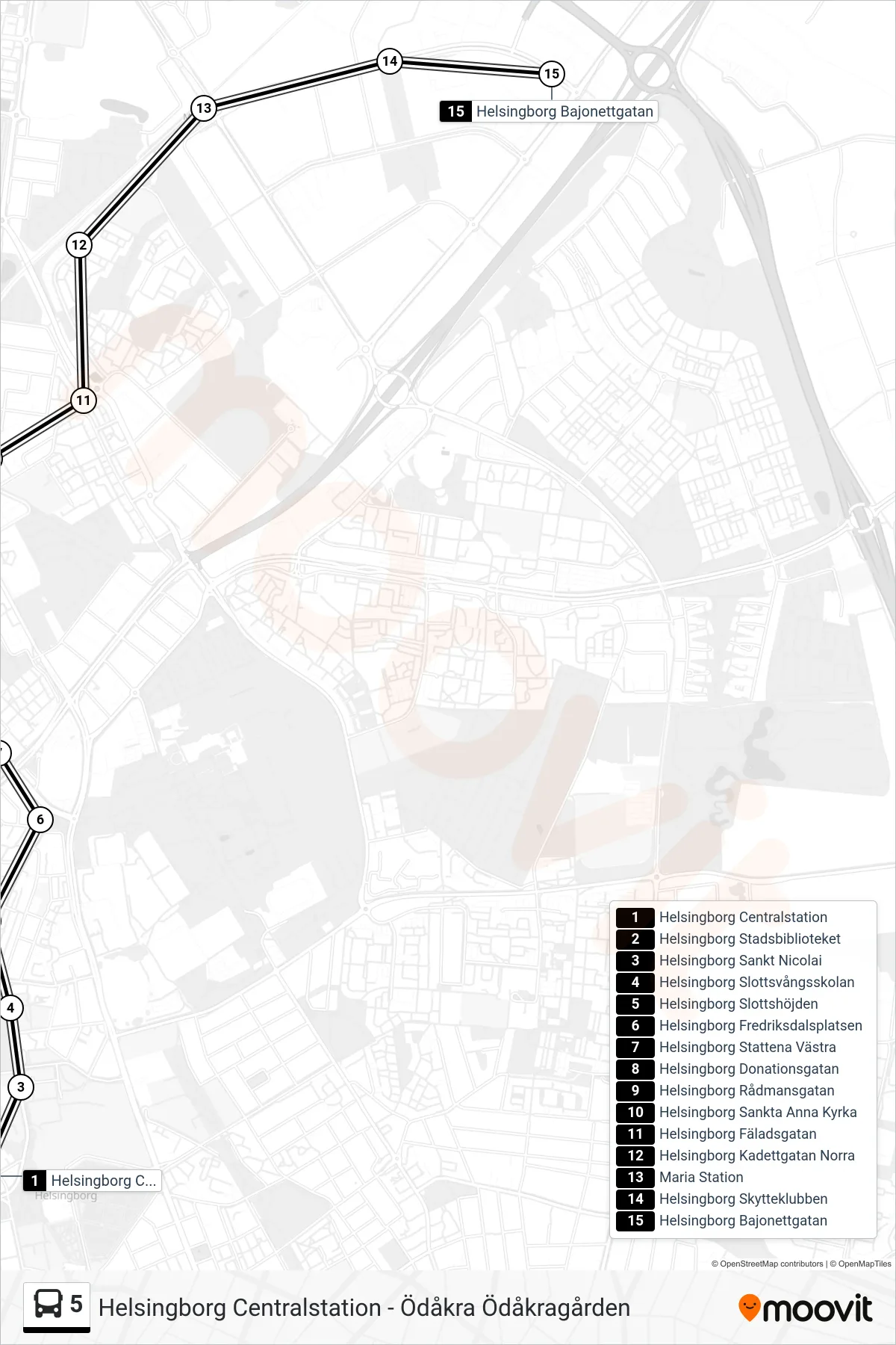 Rutt och hållplatser på karta för linje 5  spårvagn, (Helsingborg Bajonettgatan)
