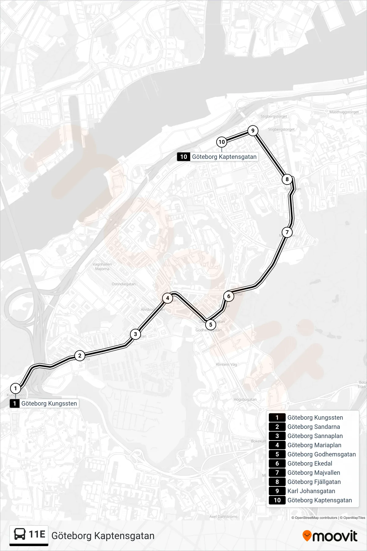 Rutt och hållplatser på karta för linje 11E spårvagn, (Göteborg Kaptensgatan)