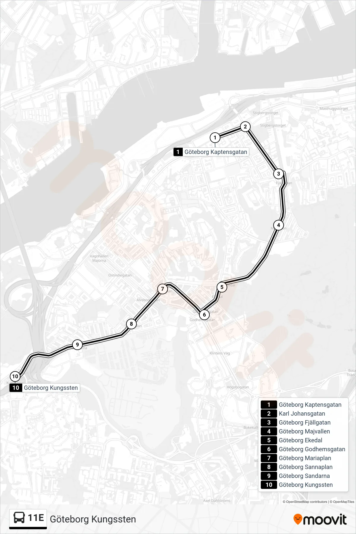 Rutt och hållplatser på karta för linje 11E spårvagn, (Göteborg Kungssten)