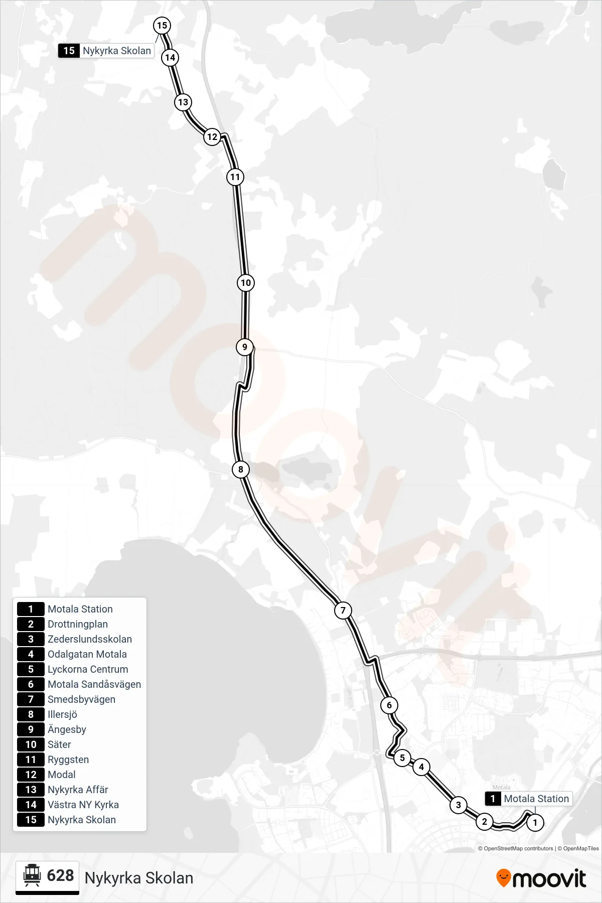 Rutt och hållplatser på karta för linje 628  spårvagn, (Nykyrka Skolan)