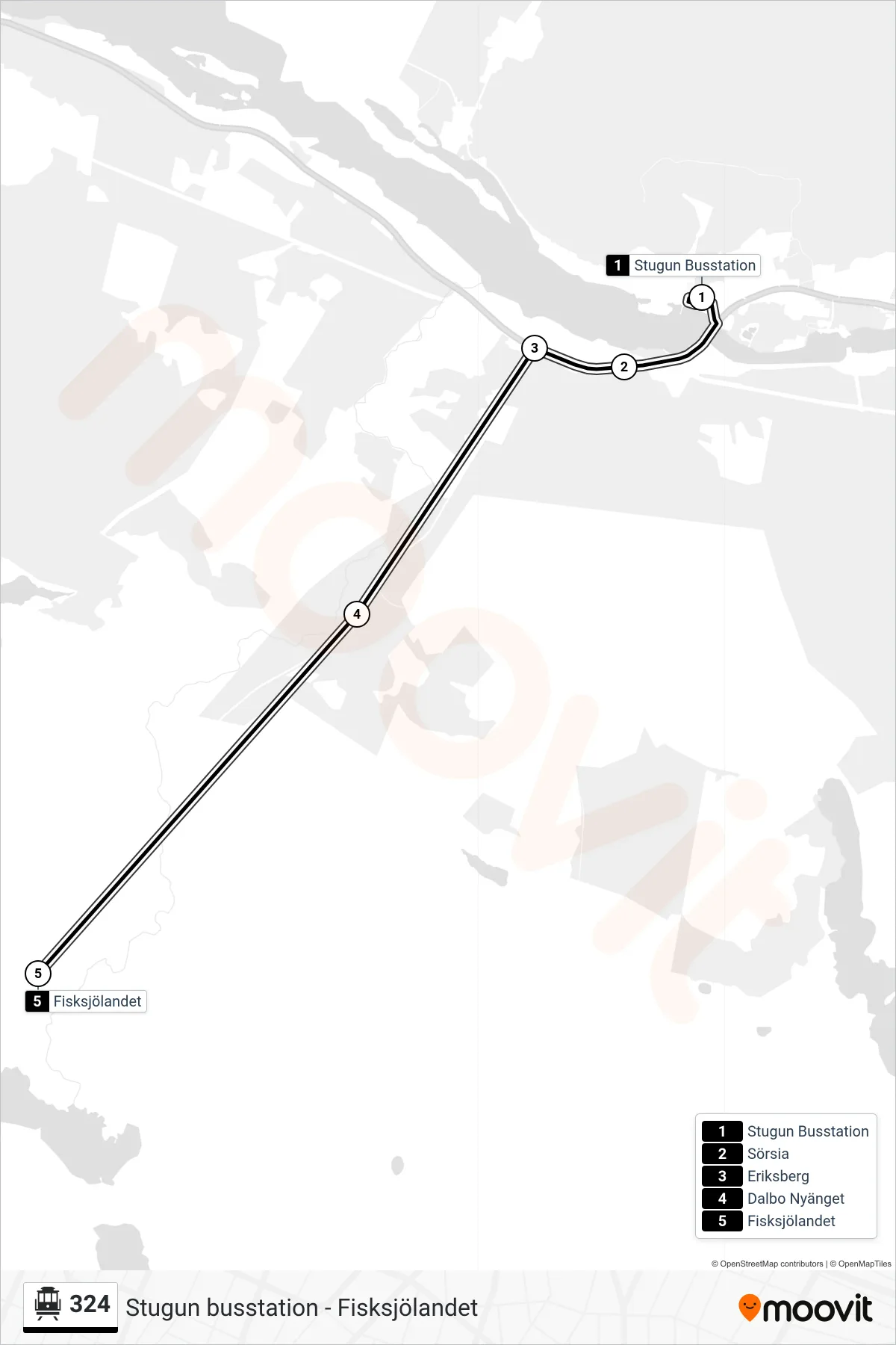 Rutt och hållplatser på karta för linje 324 spårvagn, (Fisksjölandet)