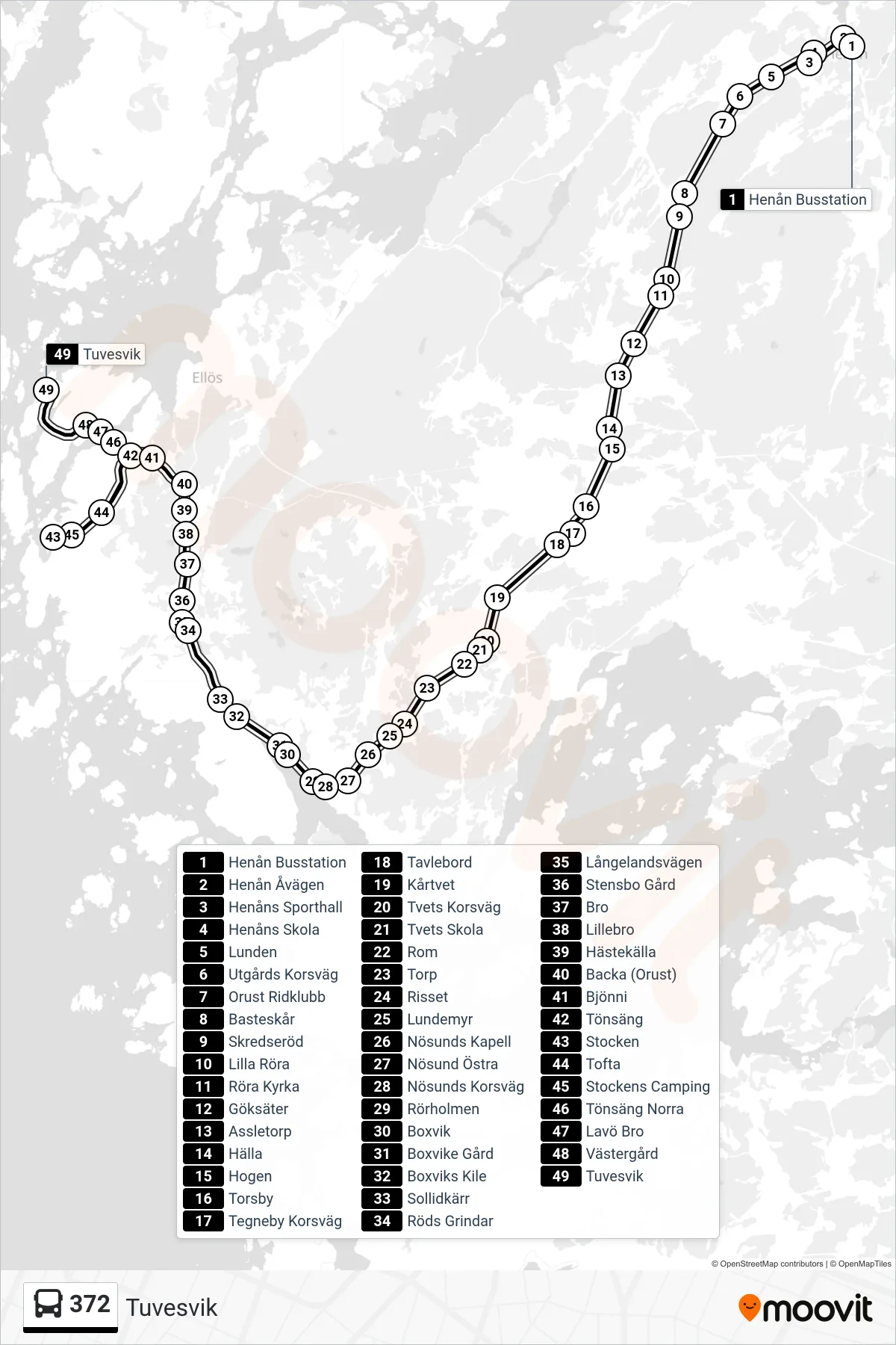 Rutt och hållplatser på karta för linje 372  spårvagn, (Tuvesvik)
