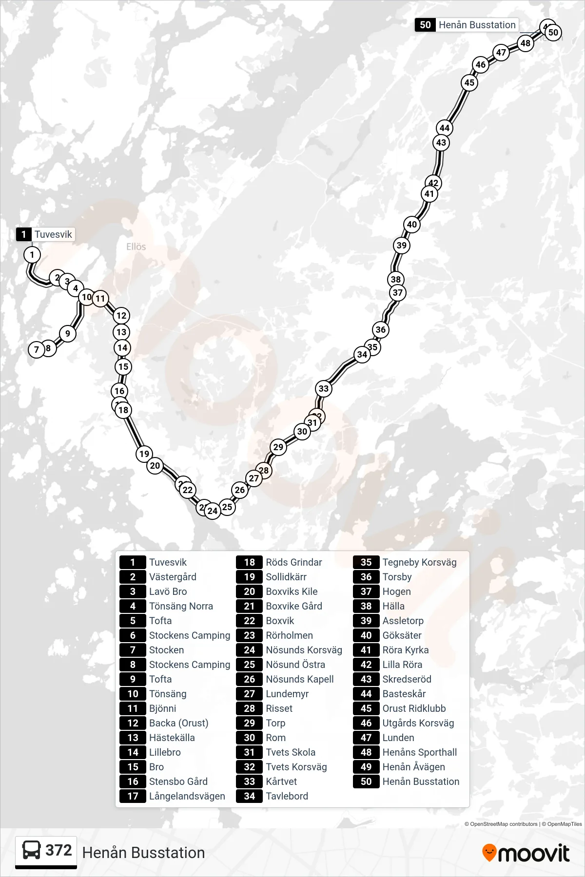 Rutt och hållplatser på karta för linje 372  spårvagn, (Henån Busstation)
