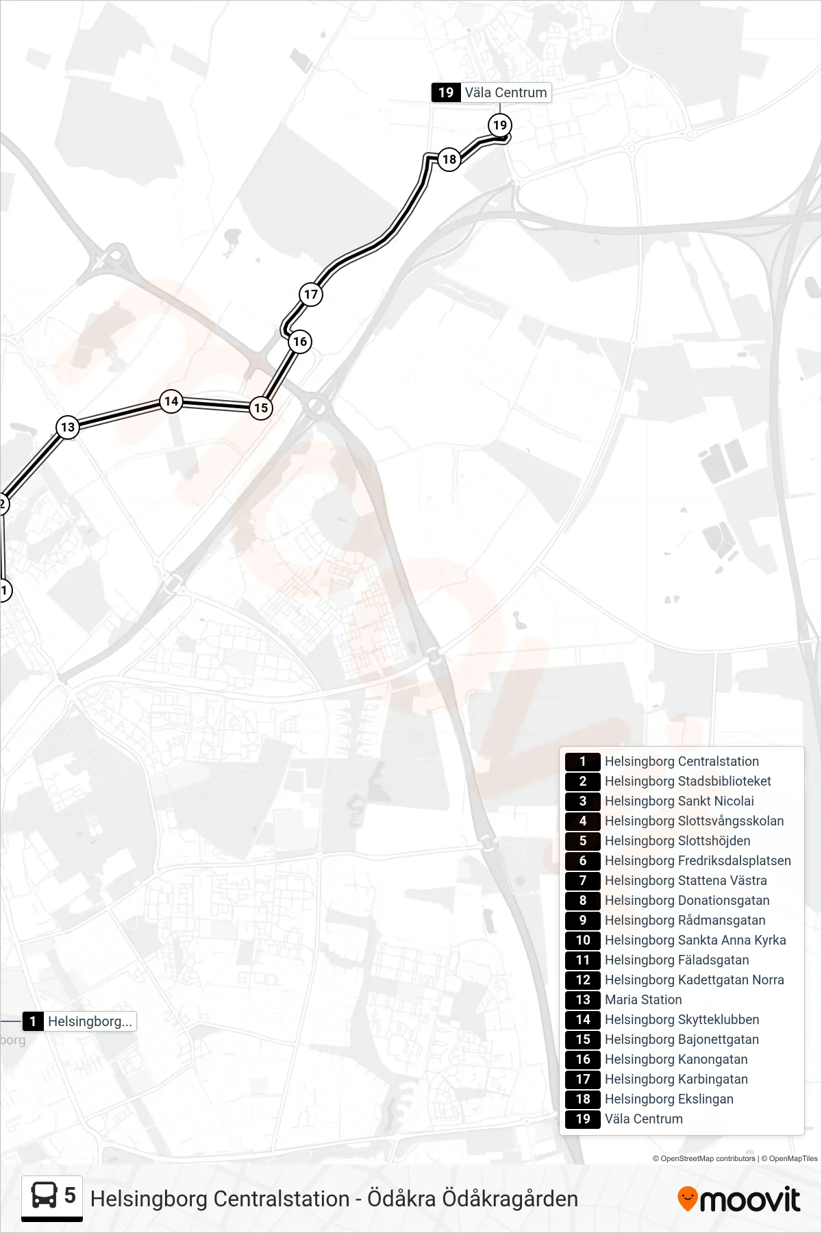 Rutt och hållplatser på karta för linje 5 spårvagn, (Väla Centrum)