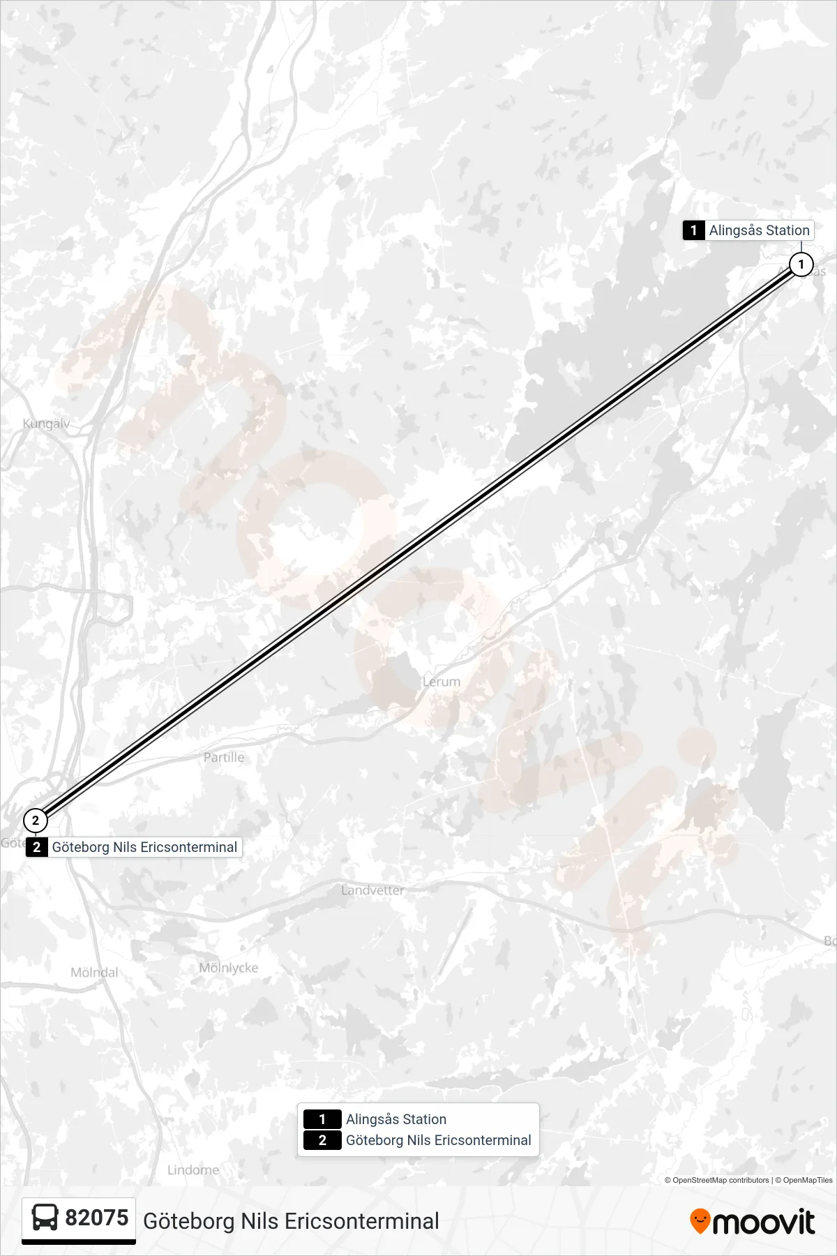 Rutt och hållplatser på karta för linje 82075 spårvagn, (Göteborg Nils Ericsonterminal)