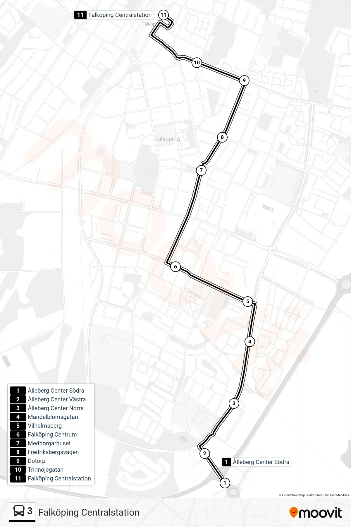 Rutt och hållplatser på karta för linje 3 spårvagn, (Falköping Centralstation)