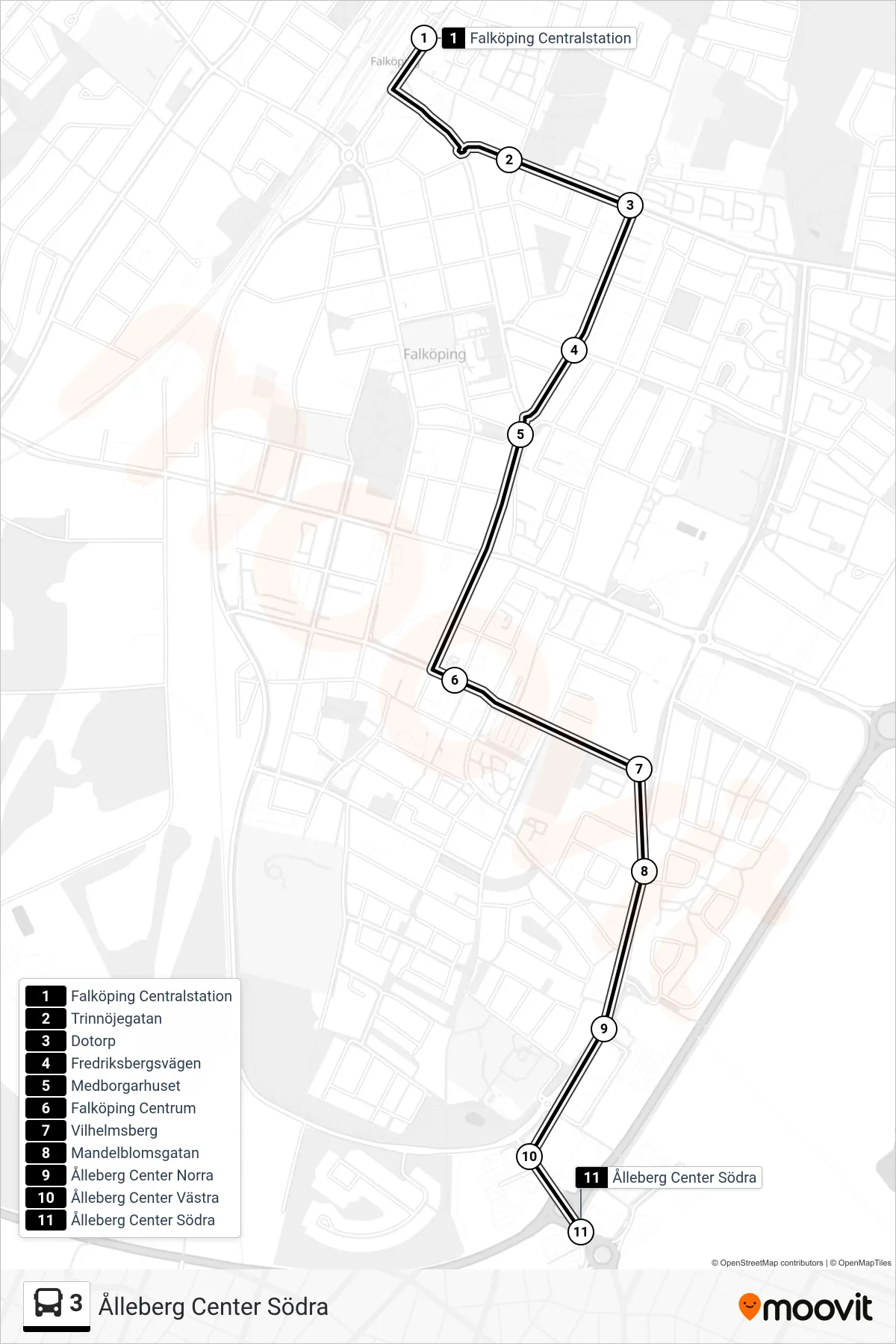 Rutt och hållplatser på karta för linje 3  spårvagn, (Ålleberg Center Södra)