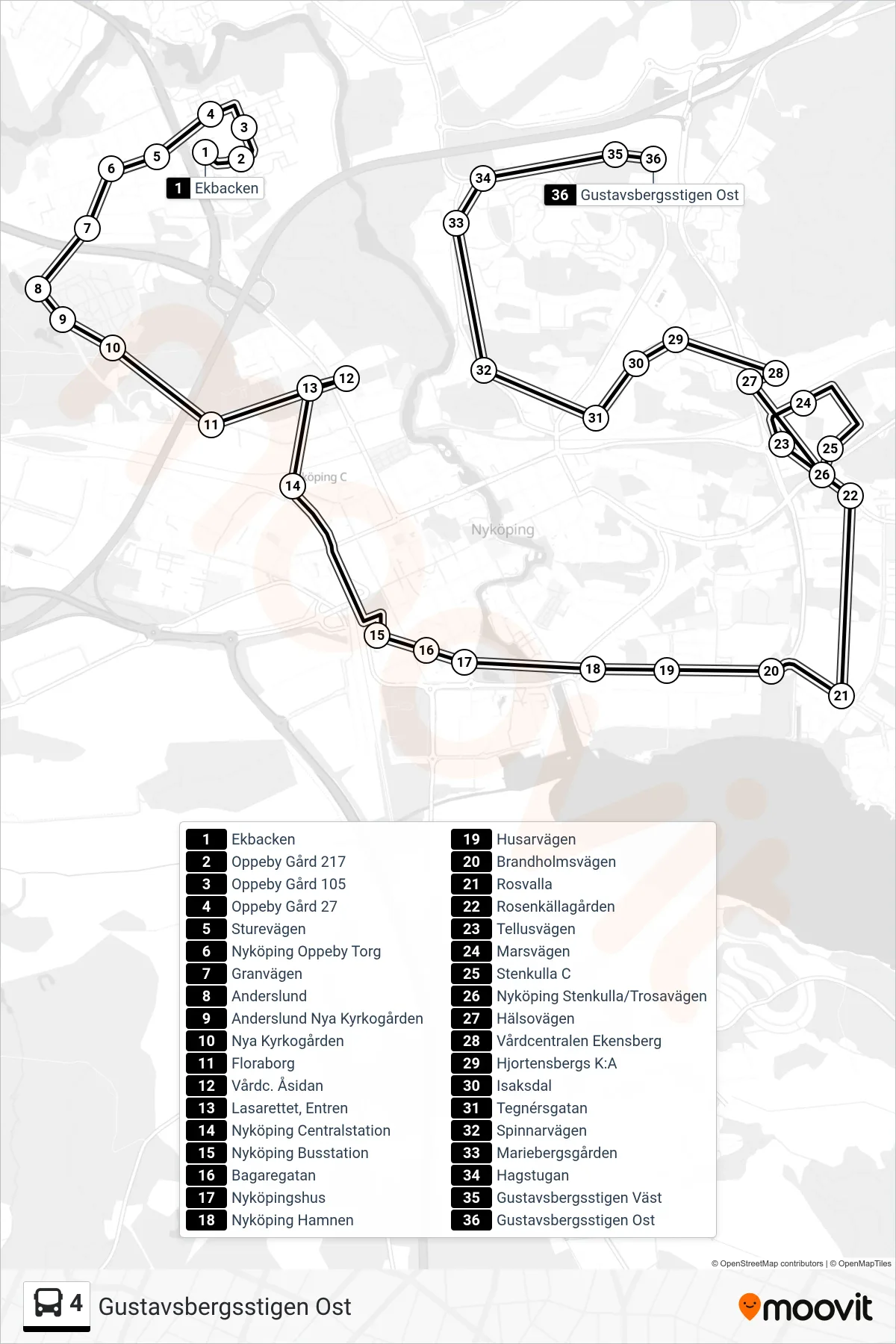 Rutt och hållplatser på karta för linje 4 spårvagn, (Gustavsbergsstigen Ost)