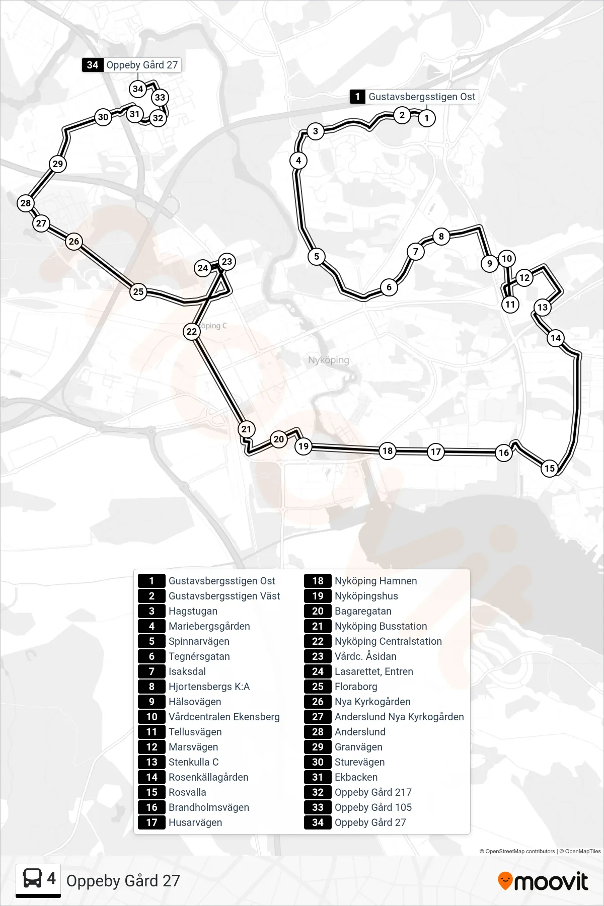 Rutt och hållplatser på karta för linje 4  spårvagn, (Oppeby Gård 27)