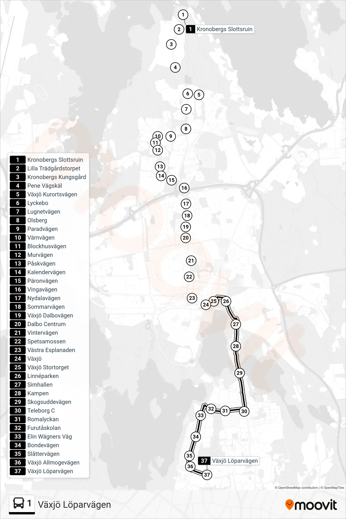 Rutt och hållplatser på karta för linje 1 buss, (Växjö Löparvägen)