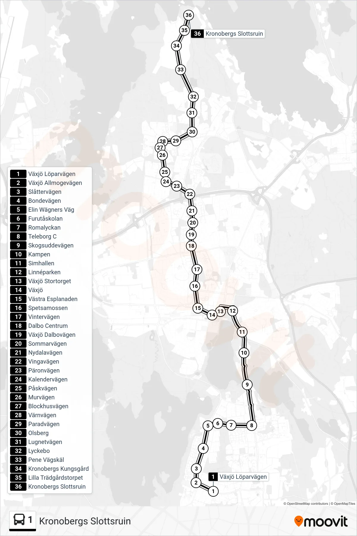 Rutt och hållplatser på karta för linje 1 buss, (Kronobergs Slottsruin)